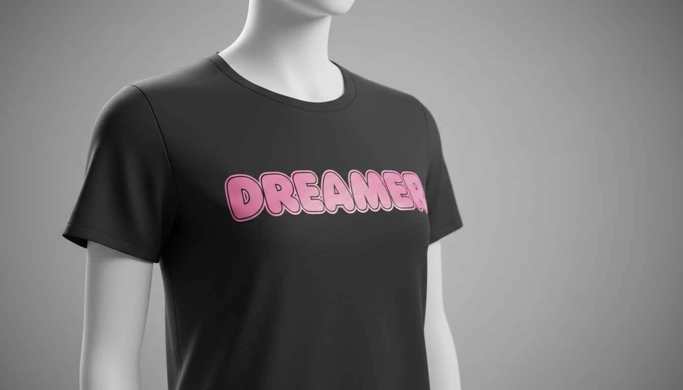 black shirt with pink writing